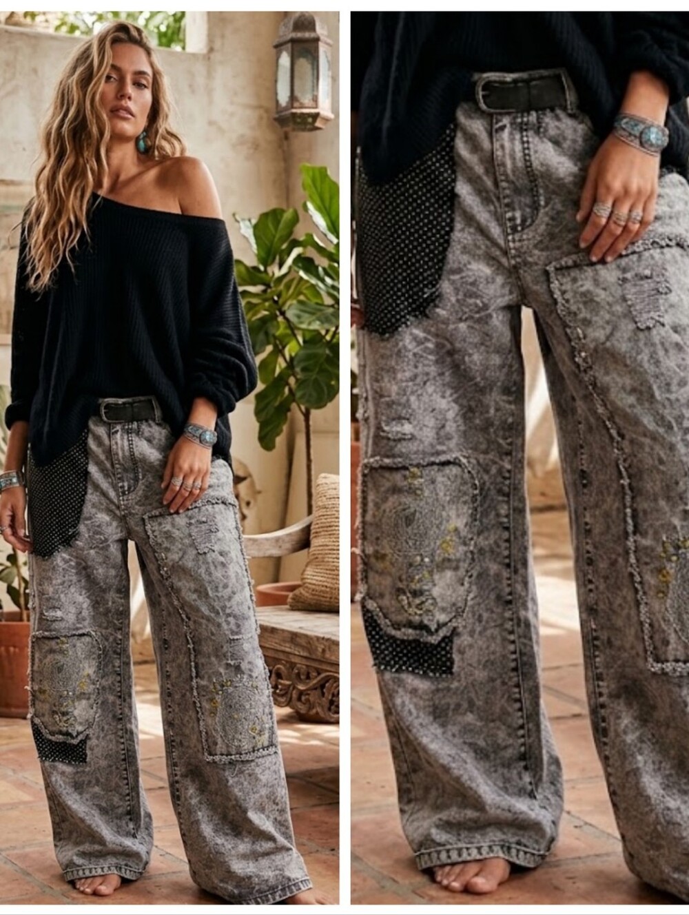 Boho Washed Mineral Wash  Patchwork Embroidered Wide-Leg Jeans